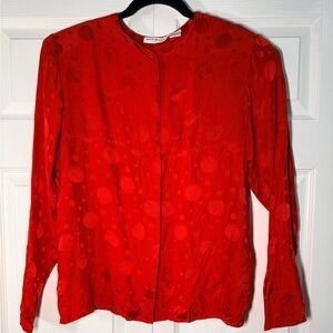 JACK  MULQUEEN Vintage  Red Polka Dot 100% Silk Satin Crew Neck Long Sleeve Top